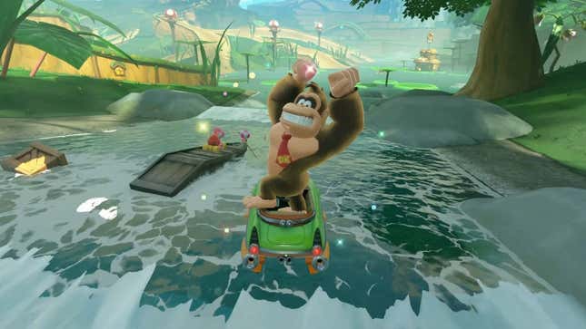 DK strikes an excellent pose while driving down a river.
