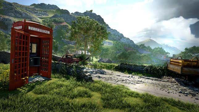 An abaonded telephone booth sits in an irradiated wasteland.