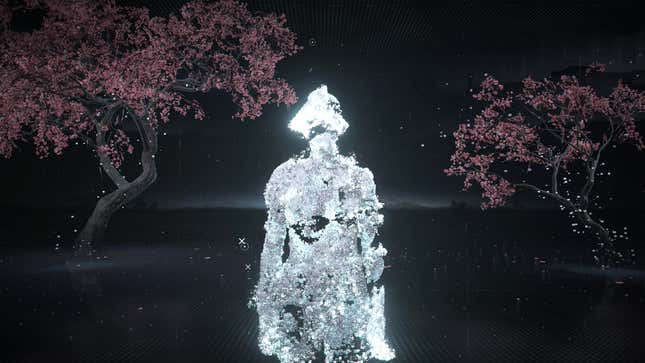 A screenshot from Assassin’s Creed Shadows. A digitally fragmented silhouette of a person is standing in a dark landscape in front of two cherry blossom trees.