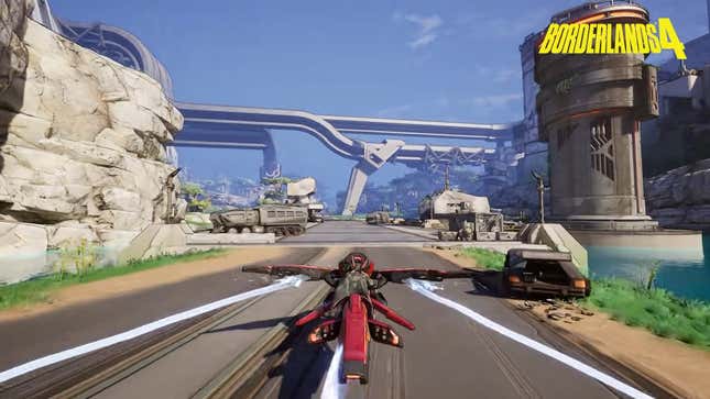 A character races forward in a vehicle across a sci-fi landscape.