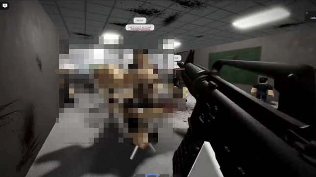 A screenshot from a TikTok video showing a player shooting kids. The image has been censored.