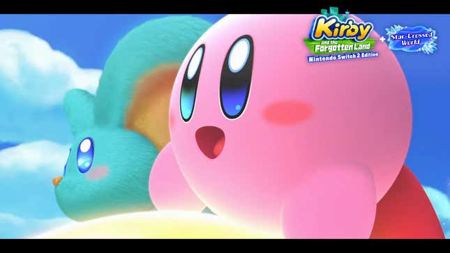 Kirby and another character look somewhere off-screen while flying through the air.