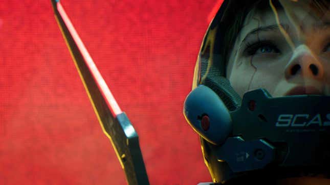 A cybernetic warrior looks up in front of a red screen.