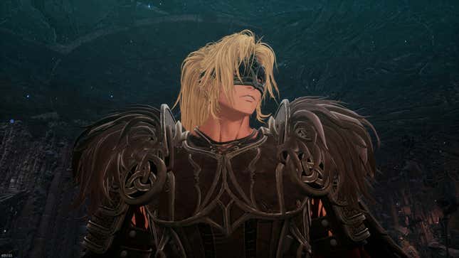 The protagonist of The First Berserker wears armor that covers part of his face.