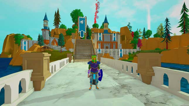 A knight stands on a bridge with a castle in the background in a game with somewhat old-school 3D graphics.