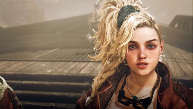 A female NPC in Monster Hunter Wilds looks past the camera.