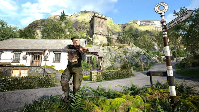 A man walks toward the camera while wielding an assault rifle.