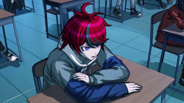 Takumi wakes up at a school desk.