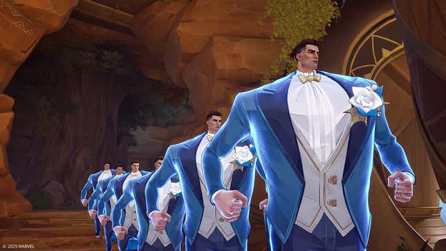 A row of Mr. Fantastic's dressed up in a fancy suit stretches back into a cave.