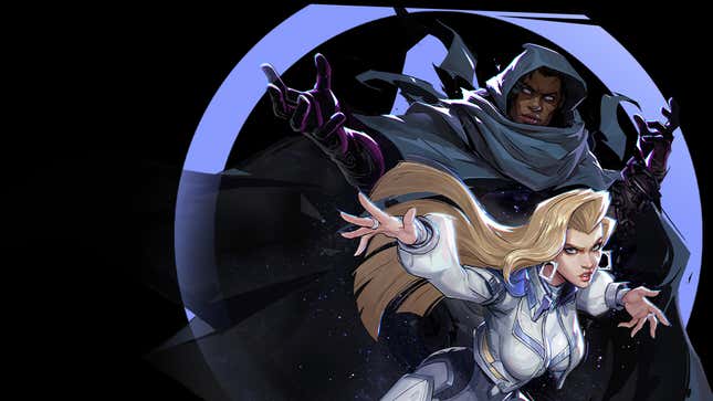 Cloak and Dagger pose before a black backdrop.