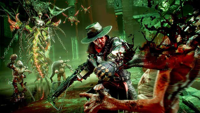 Evil West protagonist Jesse Rentier punches a vampire in the face while several others charge at him from behind.