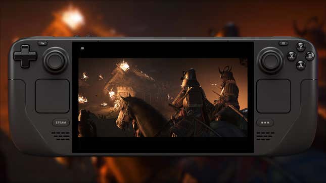 A mock up image shows fuedal Japanese soldiers riding into a burning village on horseback running on the Steam Deck.
