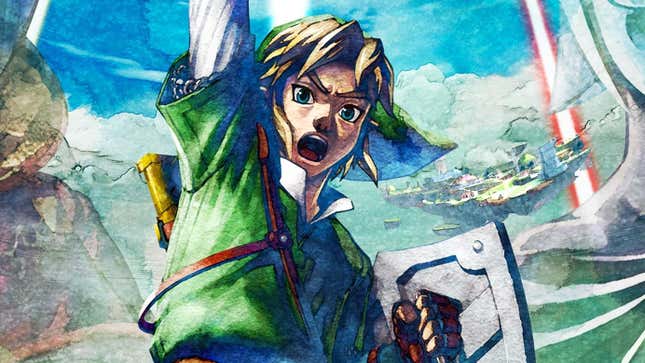 Link holds up a sword.