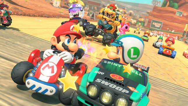 Mario and Luigi fight for first place.