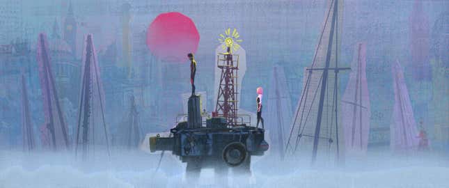 Gwen approaches Miles on top of a crane.