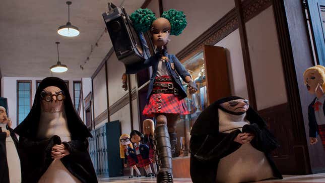 A girl walks through a school hallway while holding a boombox.