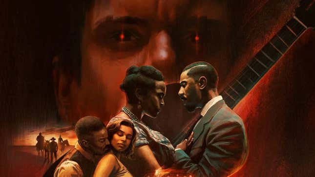 Promotional art for Sinners shows a couple embracing another while an evil face looms in the background.