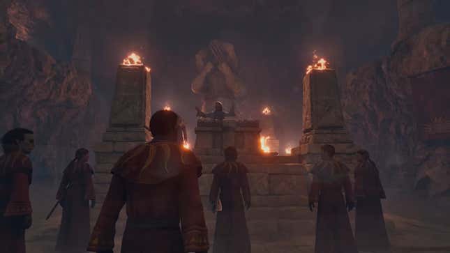 Several NPCs listen to someone giving a speech in an undergound scene.