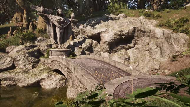 A statue of a person with their arms stretched out is at the foot of a bridge.