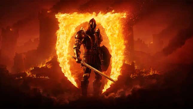 A knight in steel armor stands in front of a demonic portal.