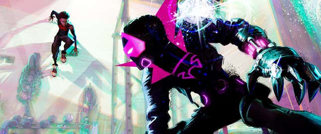 Miles hangs onto a wall above the Prowler.