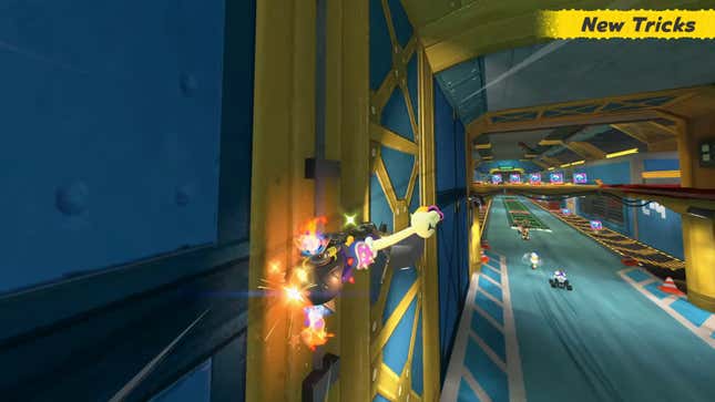 A screenshot of wall riding in Mario Kart World.