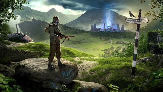 Promotional art for Atomfall shows a person with an assault rifle looking out over a storm.