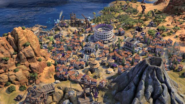A city sits between a volcano and the ocean.