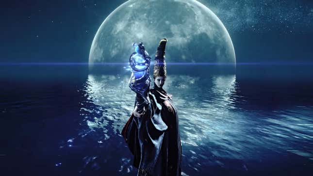 An Elden Ring character holds up a straff while standing in an endless pool with the moon sinking below the horizon.