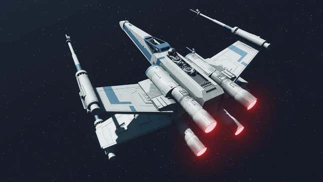 A screenshot shows an X-Wing ship as it appears in Starfield via mods.