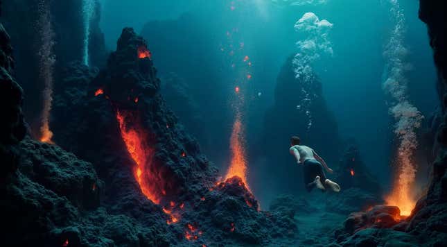 A screenshot shows a person swimming under water.