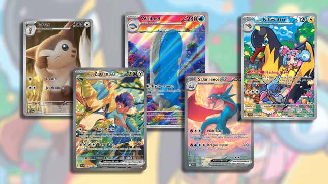 Five of the special art cards from Journey Together, arranged on a blurry background of Iono.