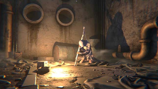An image of a character in a robe holding a staff while kneeling on their knees in a dark tunnel.