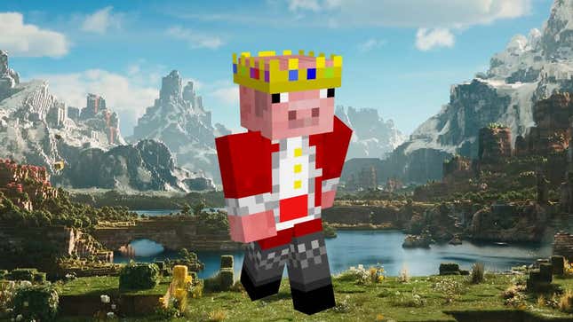 Technoblade's pig avatar wearing a crown, stood in a scenery shot from A Minecraft Movie.