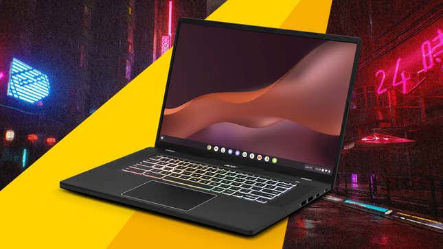 An image of a laptop in front of a neon city.