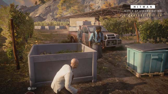 Agent 47 hides from his target.