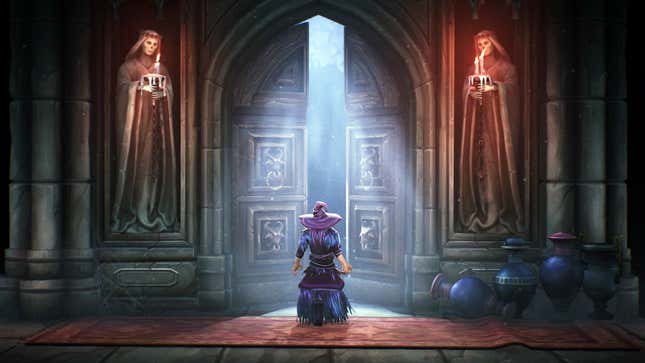 A player character in a witch hat stands before an opening set of doors.