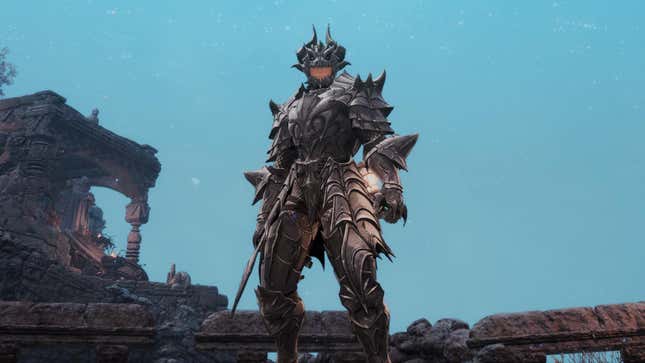 The protagonist of The First Berserker wears dragon-themed armor while standing on a bridge.