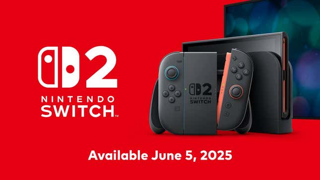 A screenshot shows the Switch 2 console and dock with the June 5, 2025 release date written underneath it.
