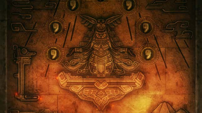 Zelda-themed hieroglyphics are displayed on a wall.