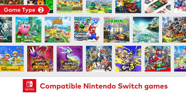 A screenshot shows various compatible original Switch games.