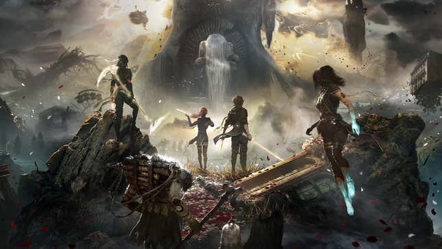 Travelers look at a goddess in the heavens.