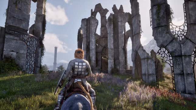 The player character rides a horse through ancient ruins.