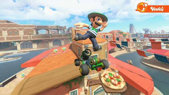 Luigi dragging a pizza around behind him in a striped shirt and bowtie.