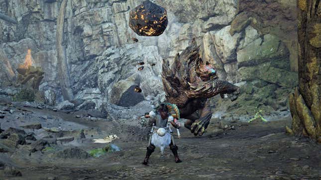 An Ajarakan throws a flaming rock at a Hunter within Wounded Hollow.