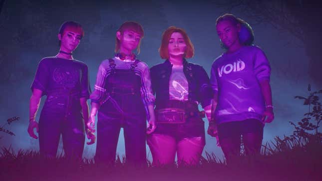 The main characters of Lost Records stare down at something off camera while an eerie glow fades over them.