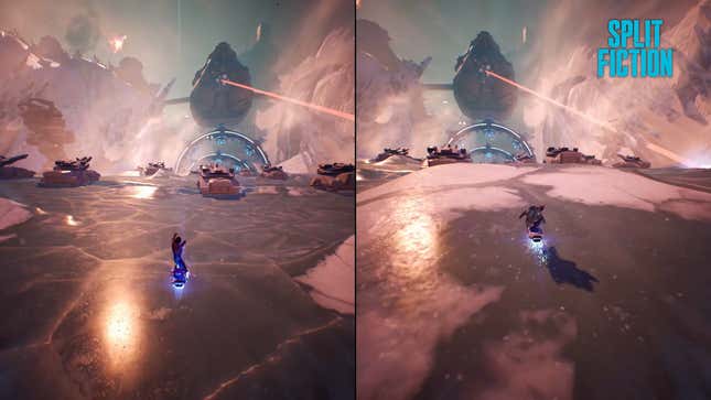 A split screen shows two players racing forward in an icey evnvironment in Split Fiction.