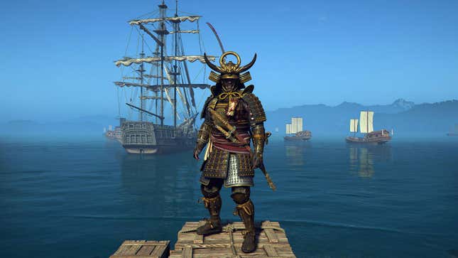 Yasuke stands on a dock while wearing fancy armor. Ships set sail behind him.