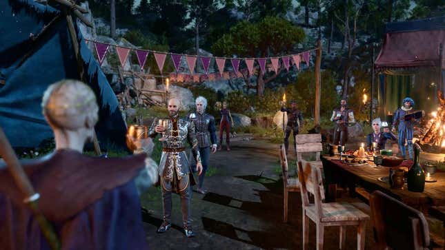 The Baldur's Gate 3 cast gathers for a toast.