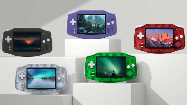 Colorful Anbernic RG 34XX units sit on pedestals.